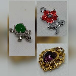 3 Charms-Goldtone Purple Heart, Red Silvertone Flower & Green SilvetoneTurtle